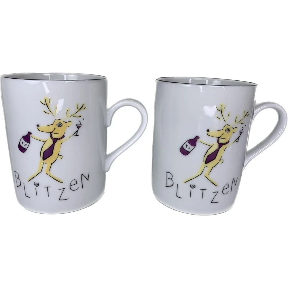 Pottery Barn Reindeer Collection BLITZEN 2 Mugs and 2 Salad Plates Lot of 4